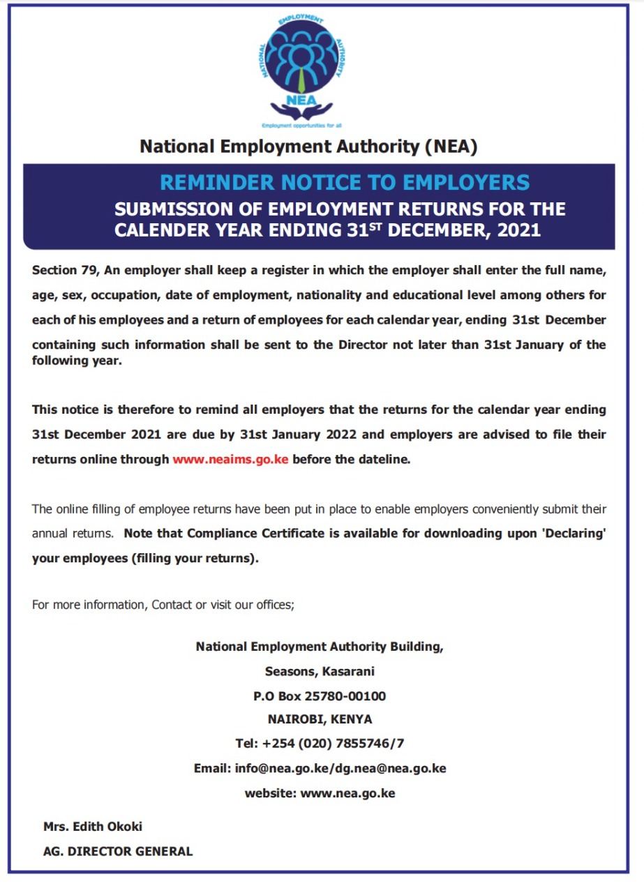 SUBMISSION OF EMPLOYMENT RETURNS FOR THE YEAR ENDED 31ST DECEMBER 2021
